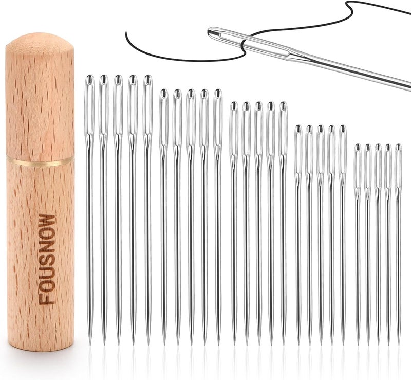 FOUSNOW 25 PCS Steel Sewing Needles, 5 Different Sizes Embroidery Large Eye Needles for Handsewing, Large Eye Sewing Needle, Sharp Needle Kit with Solid Wood Case - Image 1